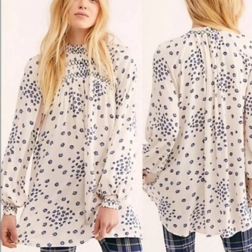 Free People Cream and Blue Patterned Blouse